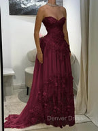 Aristocratic A-line Sweetheart Appliques Lace Sweep Train Chiffon Corset Prom Dress