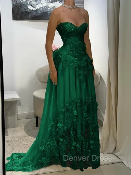 Aristocratic A-line Sweetheart Appliques Lace Sweep Train Chiffon Corset Prom Dress