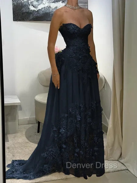 Aristocratic A-line Sweetheart Appliques Lace Sweep Train Chiffon Corset Prom Dress