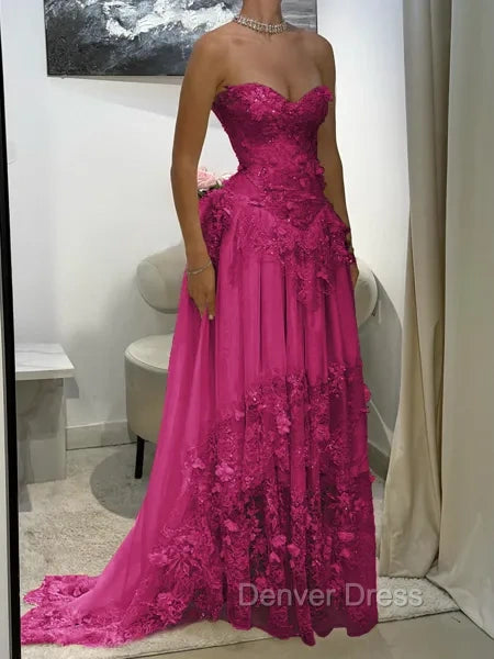 Aristocratic A-line Sweetheart Appliques Lace Sweep Train Chiffon Corset Prom Dress