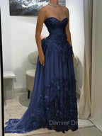 Aristocratic A-line Sweetheart Appliques Lace Sweep Train Chiffon Corset Prom Dress