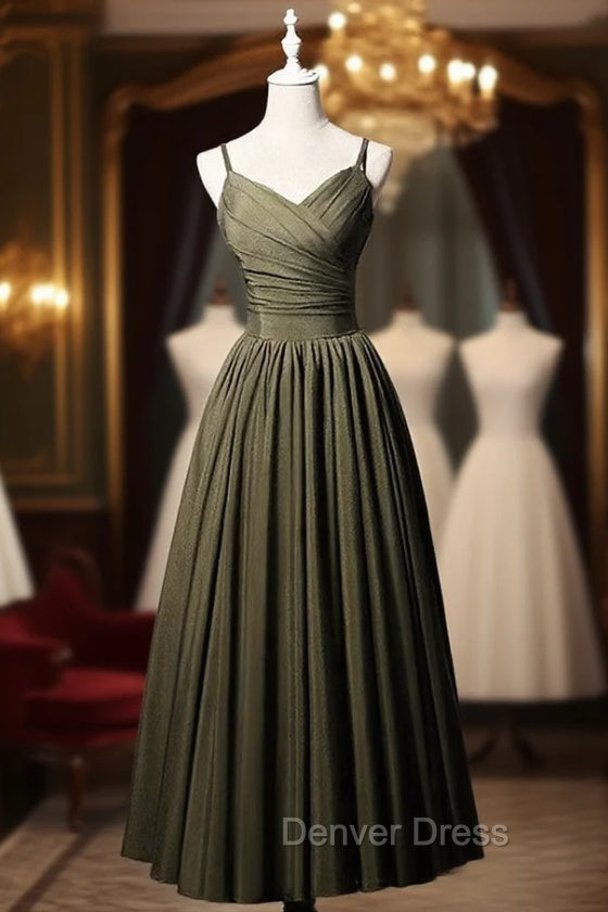 Army Green Satin Spaghetti Straps Pleats Prom Dresses