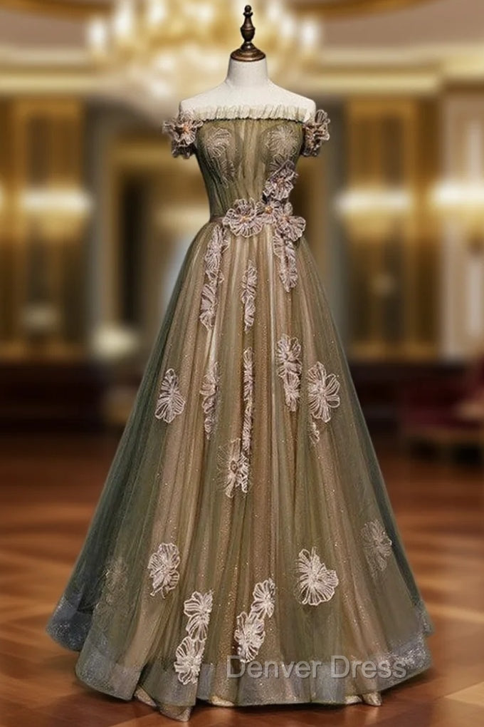 Army Green Tulle Off the Shoulder Prom Dresses Main image