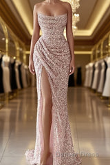 Pink Sheath Sequin Prom Dresses Elegant Dresses Formal Prom Floor Length Sleeveless Strapless Masquerade Dresses