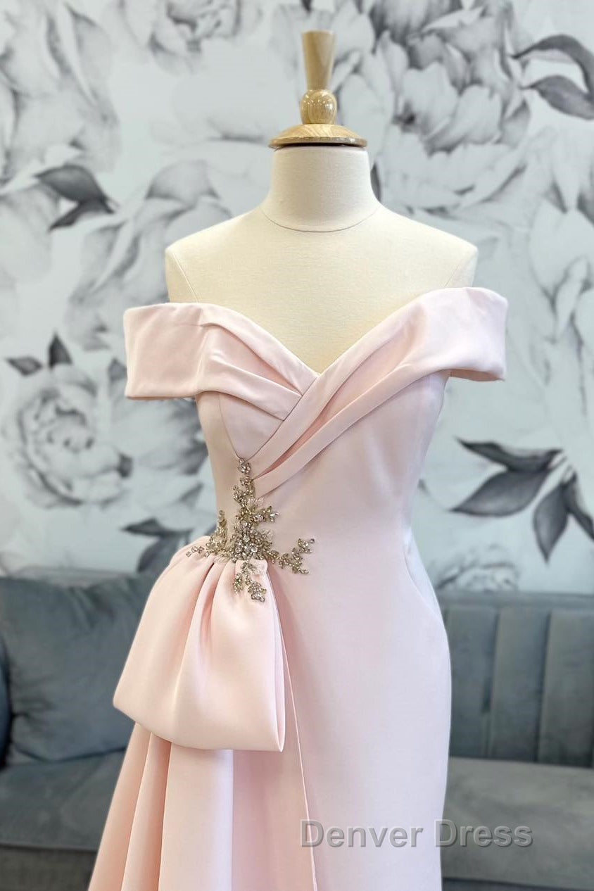 Pink Off Shoulder Mermaid Satin Long Mother of Bride Dresses