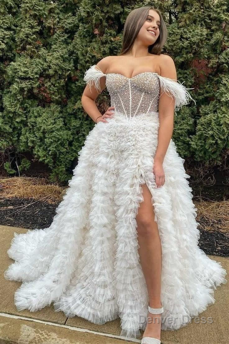 A Line Off the Shoulder Tiered Tulle Prom Dress With Slit