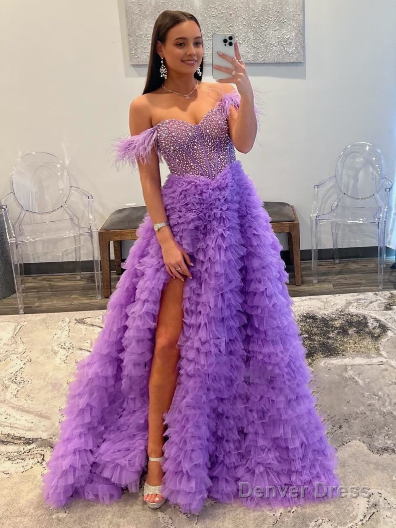 A Line Off the Shoulder Tiered Tulle Prom Dress With Slit Main image