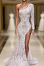 Asymmetrical Mermaid High Split One Shoulder Floor-length Long Sleeve Appliques Lace Prom Dresses