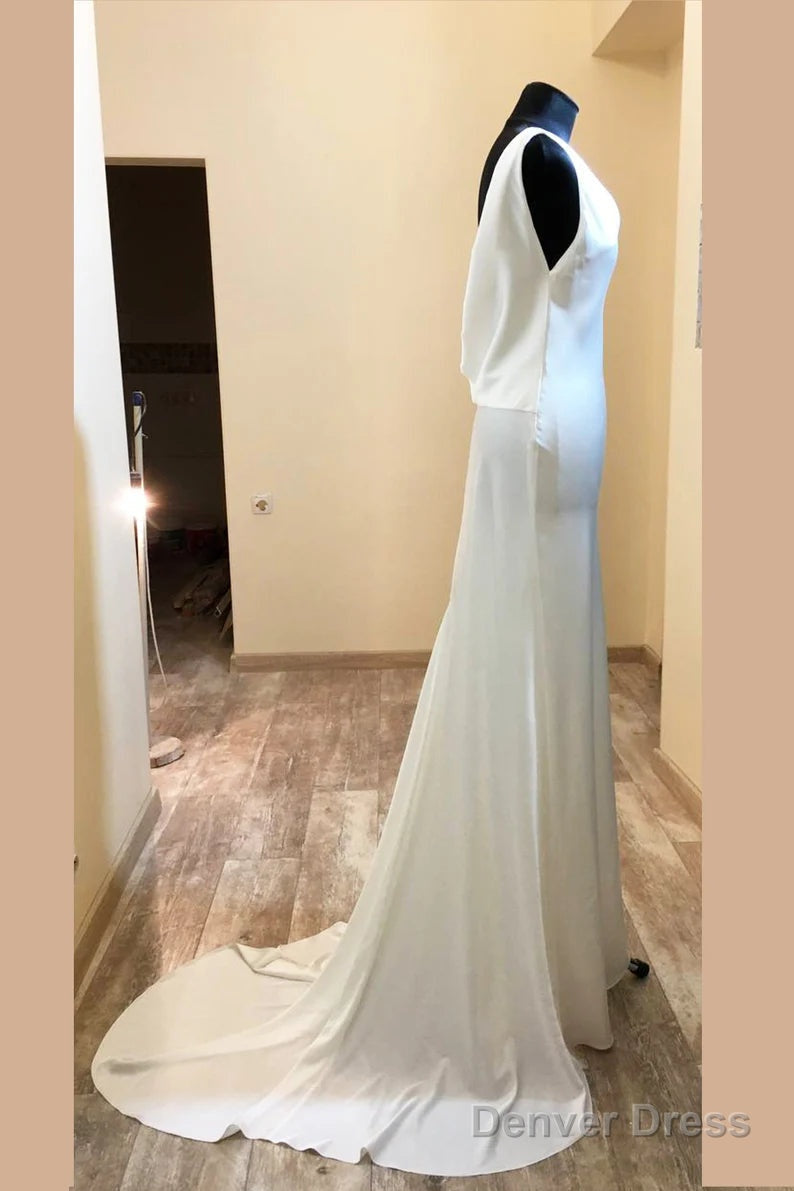 Asymmetrical Neck White Long Bridesmaid Dresses With Slit Secondary image