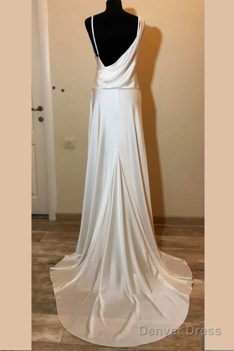 Asymmetrical Neck White Long Bridesmaid Dresses With Slit