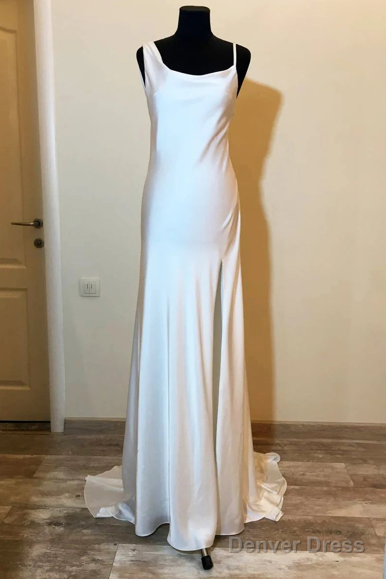 Asymmetrical Neck White Long Bridesmaid Dresses With Slit