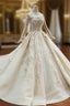 At Great Prices Champagne Tulle Sequins Beading High Neck Long Sleeve Wedding Dresses