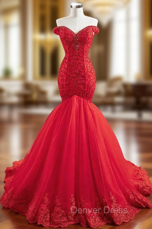 At Great Prices Red Mermaid Tulle Off the Shoulder Handwork Prom Dresses Main image
