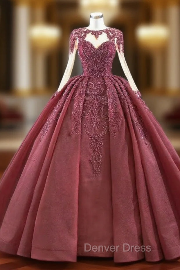 At Incredible Price Burgundy Ball Gown Organza Beading Long Sleeve Prom Dresses