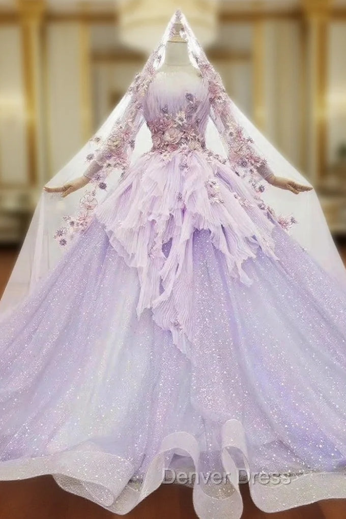 At Incredible Price Purple Ball Gowns Tulle Long Sleeve Appliques Pleats Wedding Dresses Main image