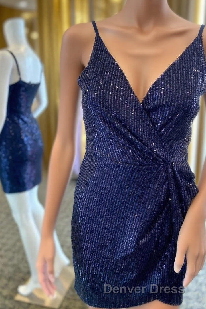 Navy Blue Sequins V-Neck Mini Homecoming Dresses Main image