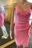 Straps Pink Ruched Tight Mini Dresses