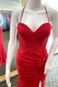 Red Mermaid Satin Pleated Lace Up Long Prom Dresses with Slit