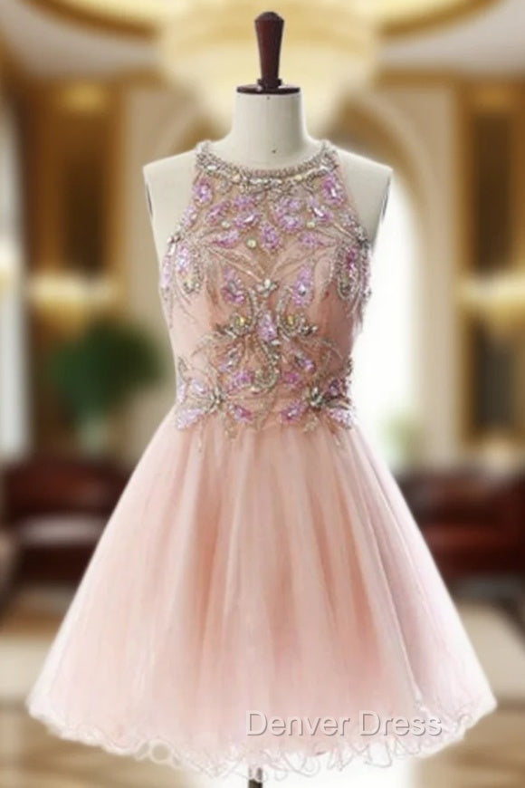 Attractive A lines Pink Homecoming Dresses Open Back Sleeveless Beaded Scoop Mini Homecoming Dresses
