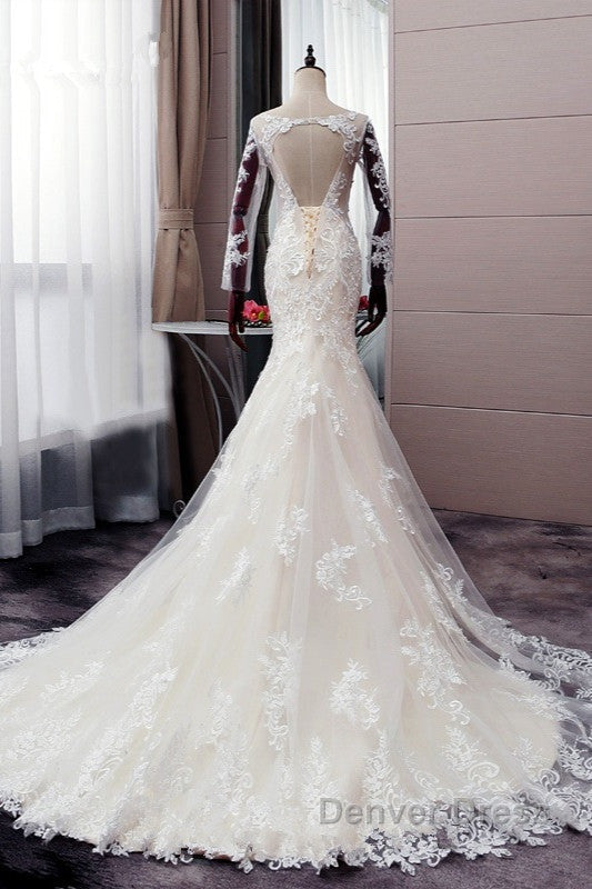 Autumn Long Sleevess Mermaid Lace appliques Ivory Wedding Dresses