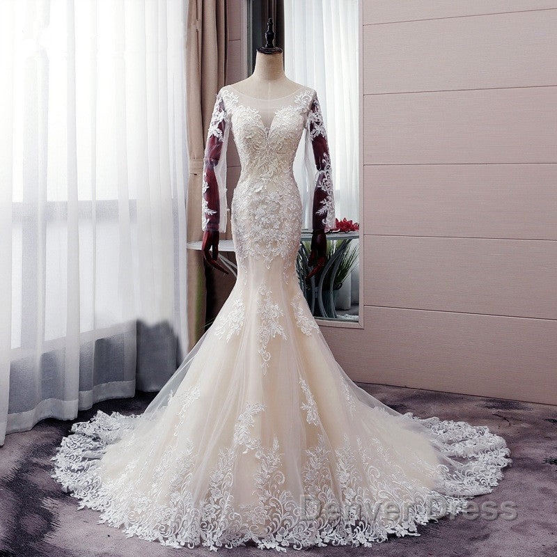 Autumn Long Sleevess Mermaid Lace appliques Ivory Wedding Dresses