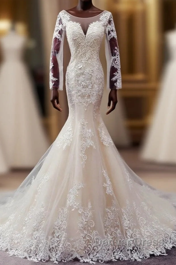 Autumn Long Sleevess Mermaid Lace appliques Ivory Wedding Dresses Main image