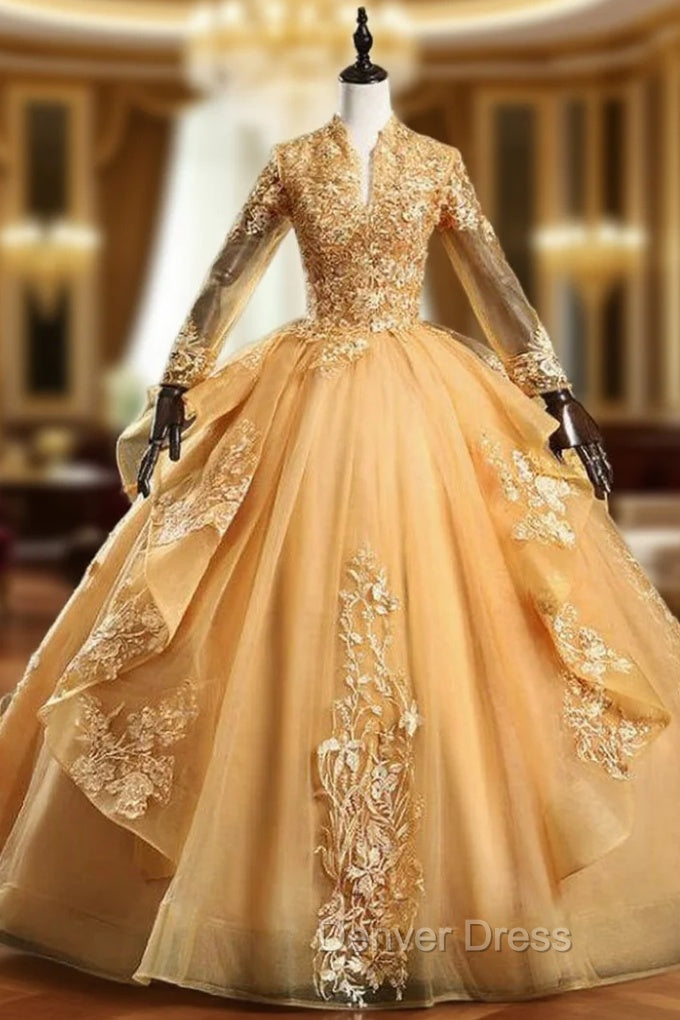 Available In Sizes 0-24 Gold Ball Gown Tulle Appliques Long Sleeve Backless Quinceanera Dresses
