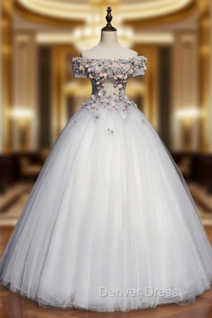 Available In Sizes 0-24 Gray Ball Gown Tulle Appliques Off the Shoulder Short Sleeve Quinceanera Dresses Main image