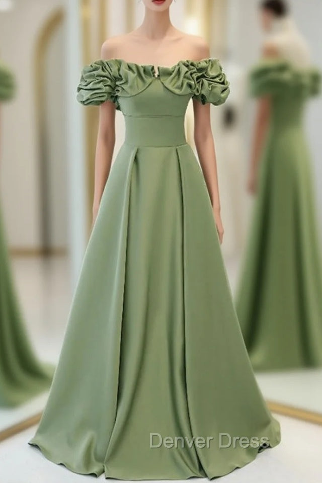 Avocado Green Satin Off the Shoulder Prom Dresses Main image