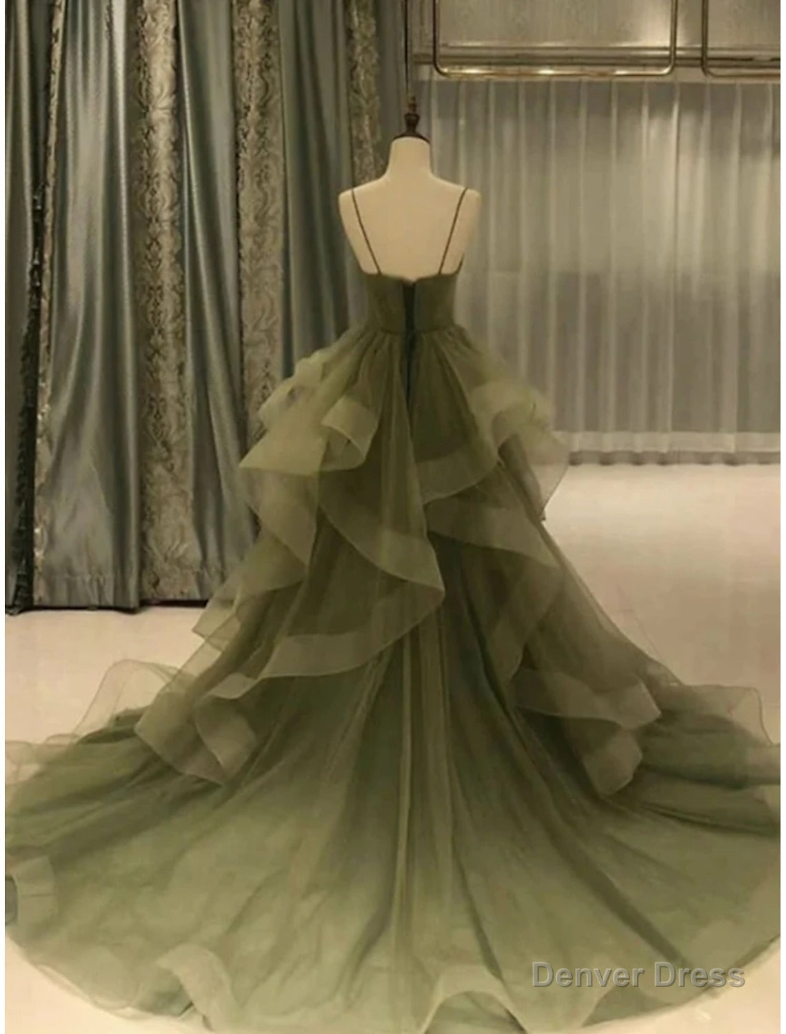 A Line Prom Dress Elegant Dress Prom Court Train Sleeveless Spaghetti Strap Tulle with Pleats Ruffles Masquerade Dresses Secondary image