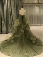 A Line Prom Dress Elegant Dress Prom Court Train Sleeveless Spaghetti Strap Tulle with Pleats Ruffles Masquerade Dresses