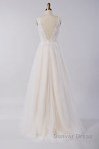 Awesome Long A-line Appliques Lace Tulle Open Back Wedding Dresses