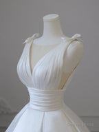 White V Neck Satin Long Prom Dress, Elegant A Line Wedding Prom Dresses
