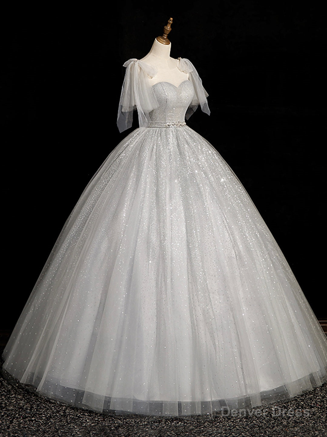 Gray Sparkly Tulle Long Scoop Neckline Prom Dress, Beautiful A-Line Evening Party Dress Secondary image