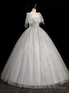 Gray Sparkly Tulle Long Scoop Neckline Prom Dress, Beautiful A-Line Evening Party Dress