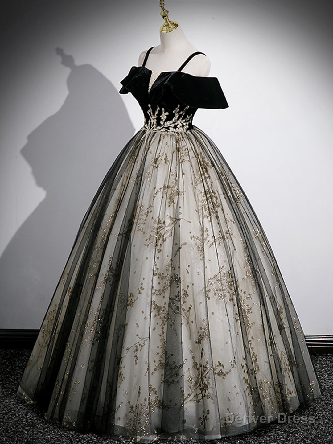 Black Velvet Tulle Sequins Floor Length Prom Dress, Off the Shoulder Evening Party Dress Secondary image