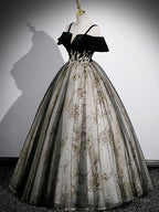 Black Velvet Tulle Sequins Floor Length Prom Dress, Off the Shoulder Evening Party Dress