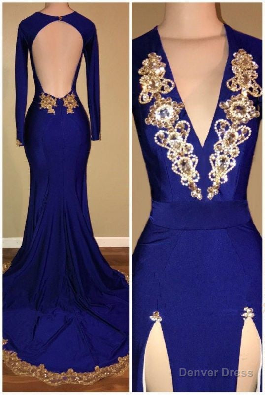 royal blue long sleeve prom Dress cheap gold beads mermaid Prom Dresses with slit Main image