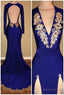 royal blue long sleeve prom Dress cheap gold beads mermaid Prom Dresses with slit