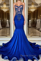 Royal Blue High Neck Sleeveless Mermaid Prom Dresses with Beadings
