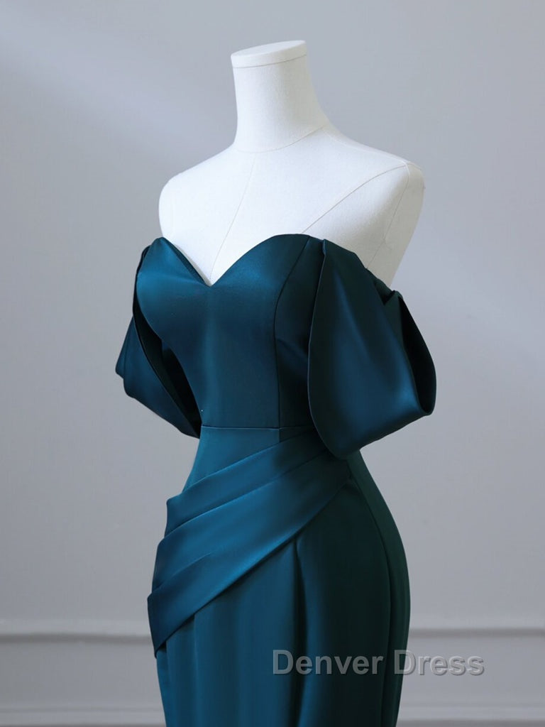 Simple Off Shoulder Satin Ink Blue Long Prom Dress, Ink Blue Long Prom Dresses