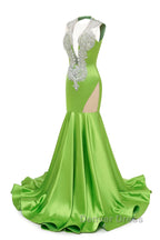 V Neck Mermaid Brush Train Hollow Sleeveless Beading Prom Dresses