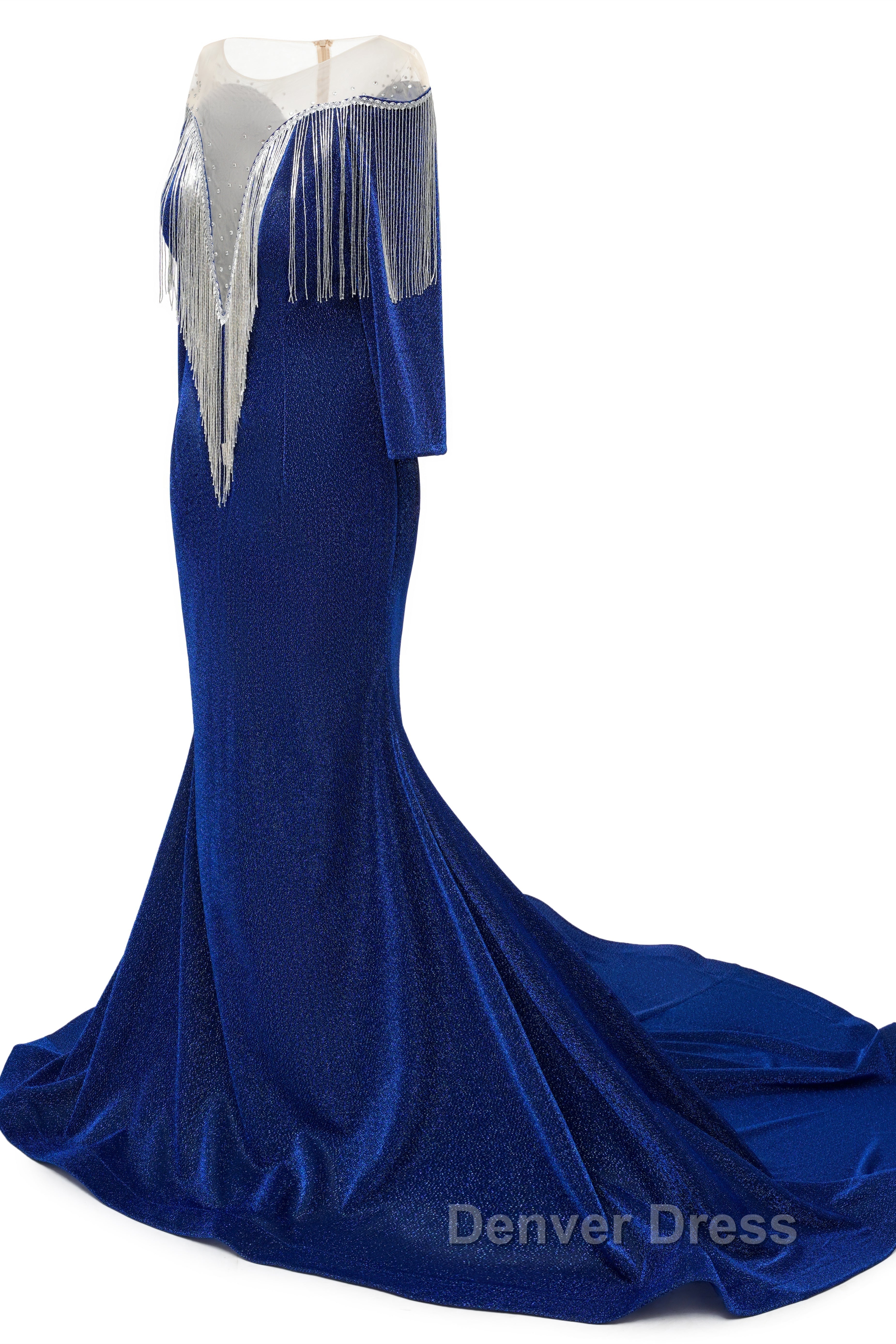 Deep V-neck Shiny Royal Blue Long sleeves Mermaid Prom Dresses