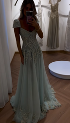 Baby Blue A Line Exquisite Beaded Tulle Prom Dress Wedding Guest Dresses