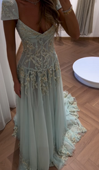 Baby Blue A Line Exquisite Beaded Tulle Prom Dress Wedding Guest Dresses