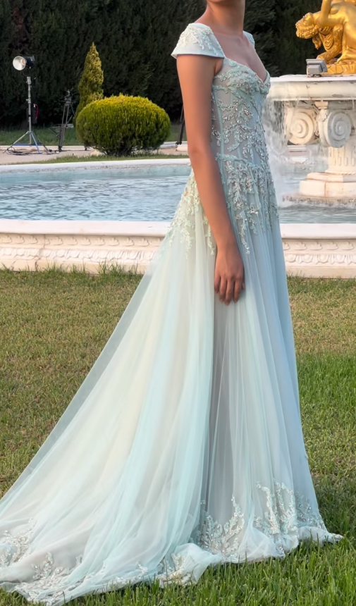 Baby Blue A Line Exquisite Beaded Tulle Prom Dress Wedding Guest Dresses