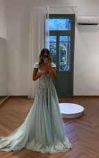 Baby Blue A Line Exquisite Beaded Tulle Prom Dress Wedding Guest Dresses