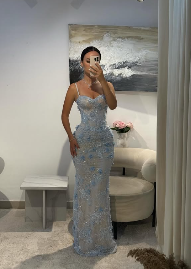 Baby Blue Sheath V Neck Beaded 3D Floral Lace Prom Dress Secondary image