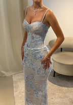 Baby Blue Sheath V Neck Beaded 3D Floral Lace Prom Dress