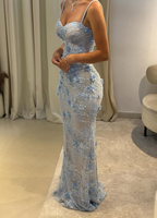 Baby Blue Sheath V Neck Beaded 3D Floral Lace Prom Dress